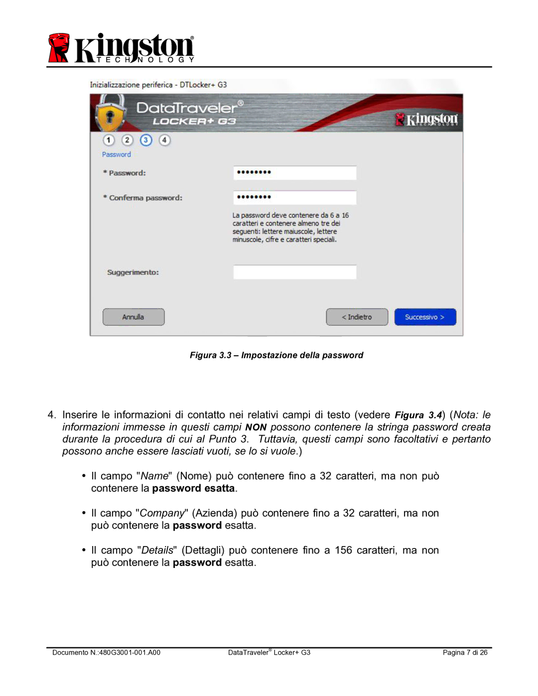 Kingston Technology DTLPG3 manual Figura 3.3 Impostazione della password 