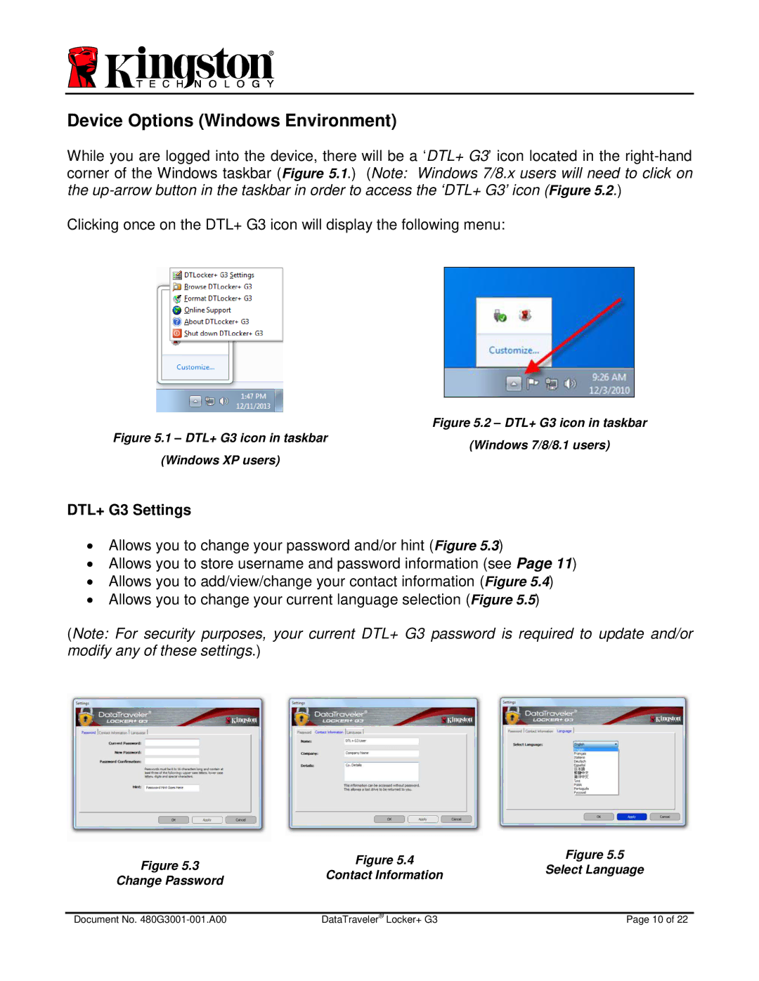 Kingston Technology DTLPG3 manual Device Options Windows Environment, DTL+ G3 Settings 