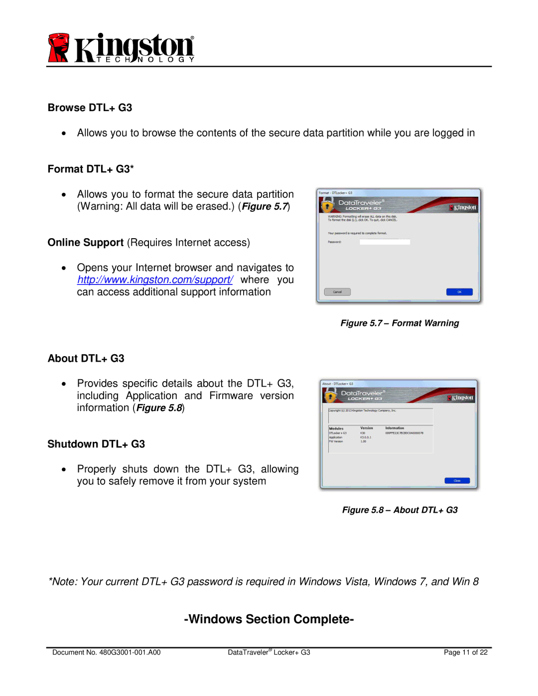 Kingston Technology DTLPG3 manual Windows Section Complete, Browse DTL+ G3, Format DTL+ G3, About DTL+ G3, Shutdown DTL+ G3 