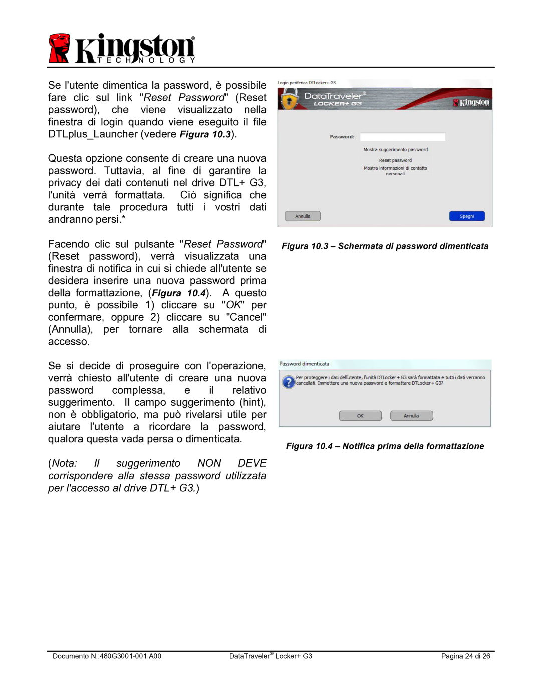 Kingston Technology DTLPG3 manual Figura 10.3 Schermata di password dimenticata 