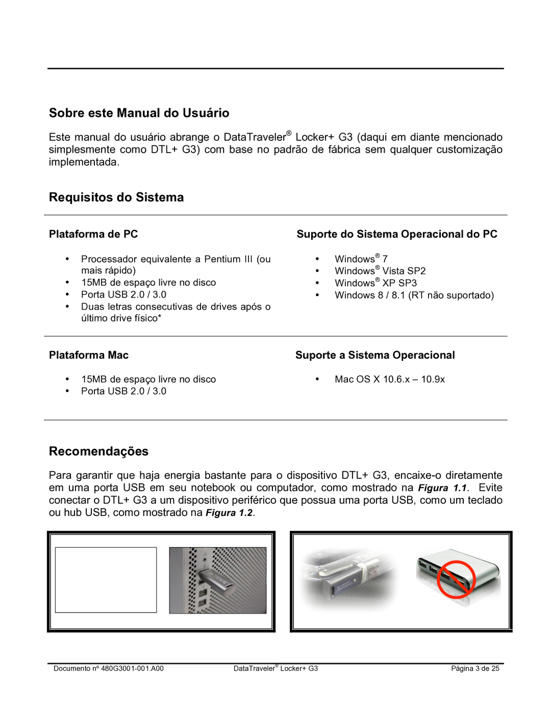 Kingston Technology DTLPG3 manual Sobre este Manual do Usuário, Requisitos do Sistema, Recomendações 