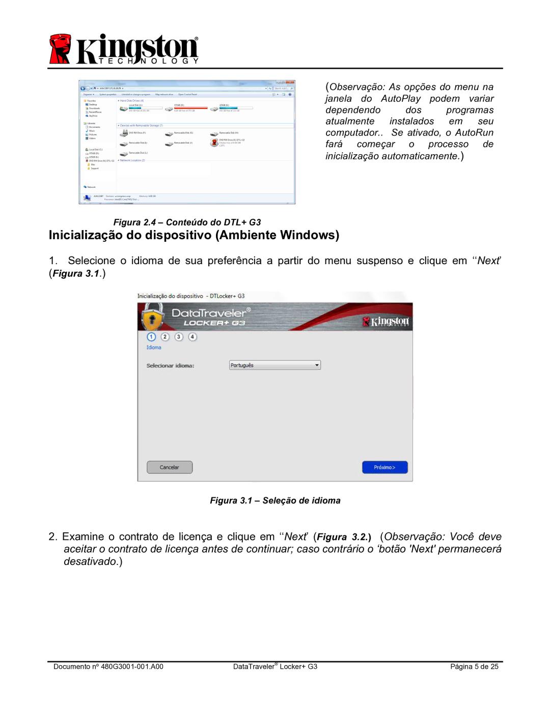 Kingston Technology DTLPG3 manual Inicialização do dispositivo Ambiente Windows, Figura 2.4 Conteúdo do DTL+ G3 