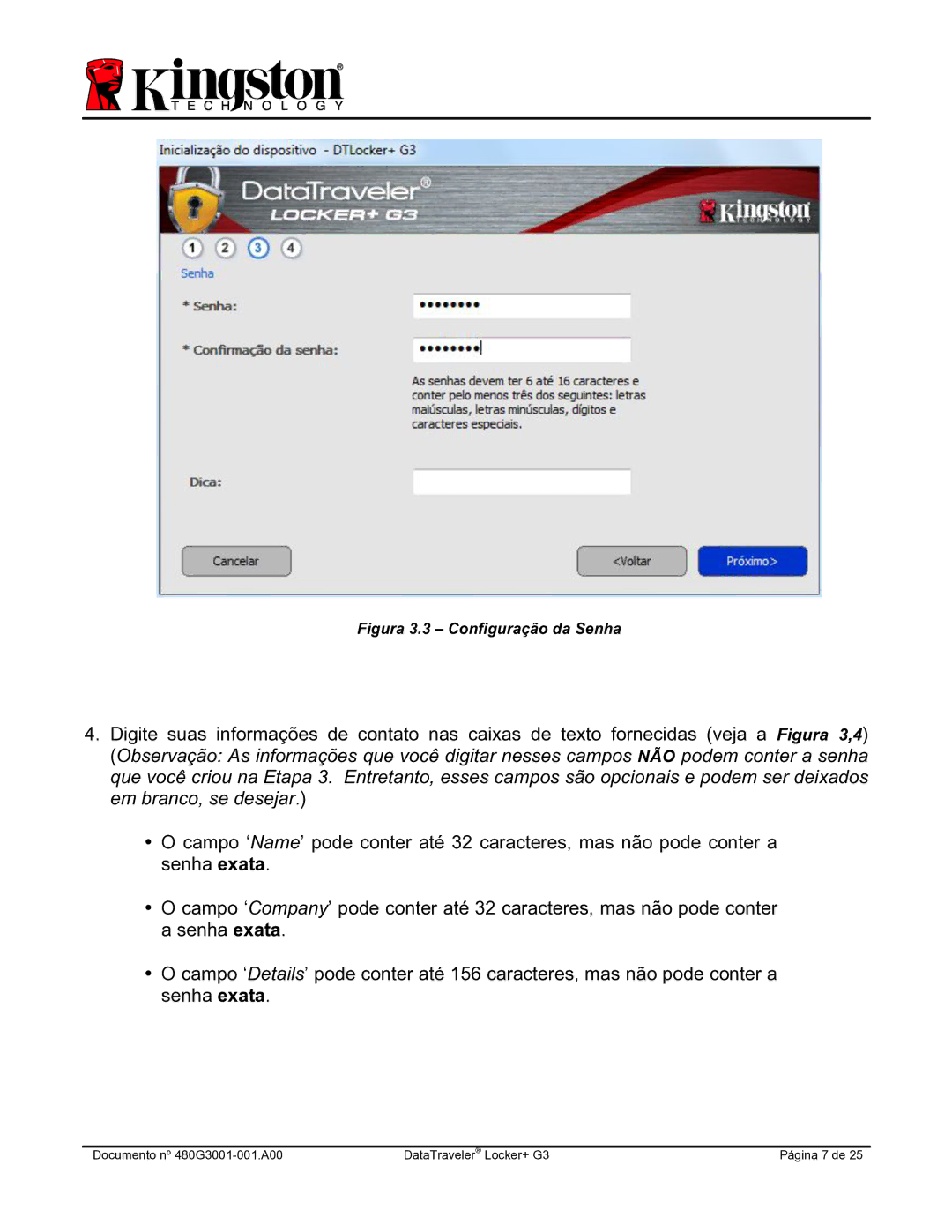 Kingston Technology DTLPG3 manual Figura 3.3 Configuração da Senha 