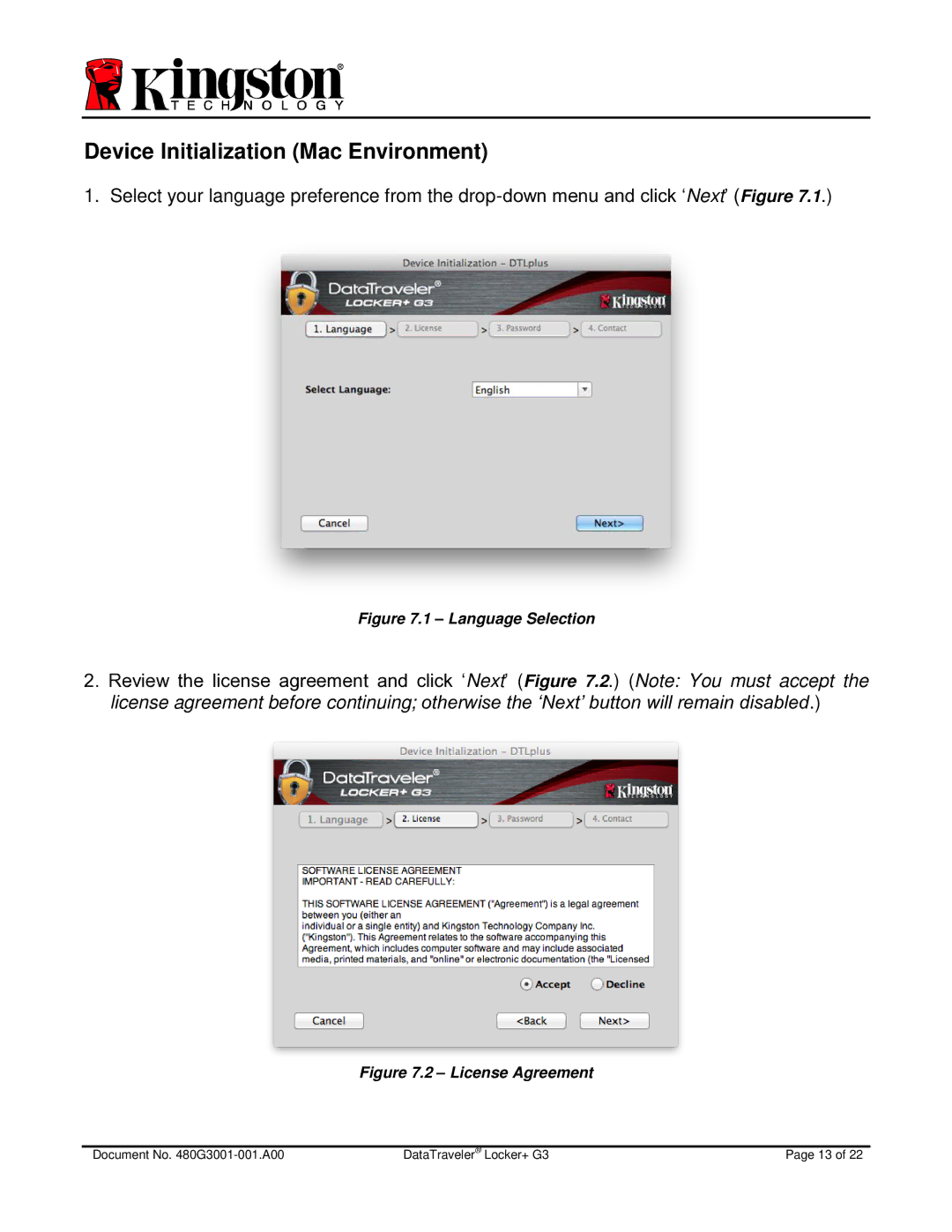 Kingston Technology DTLPG3 manual Device Initialization Mac Environment, Language Selection 