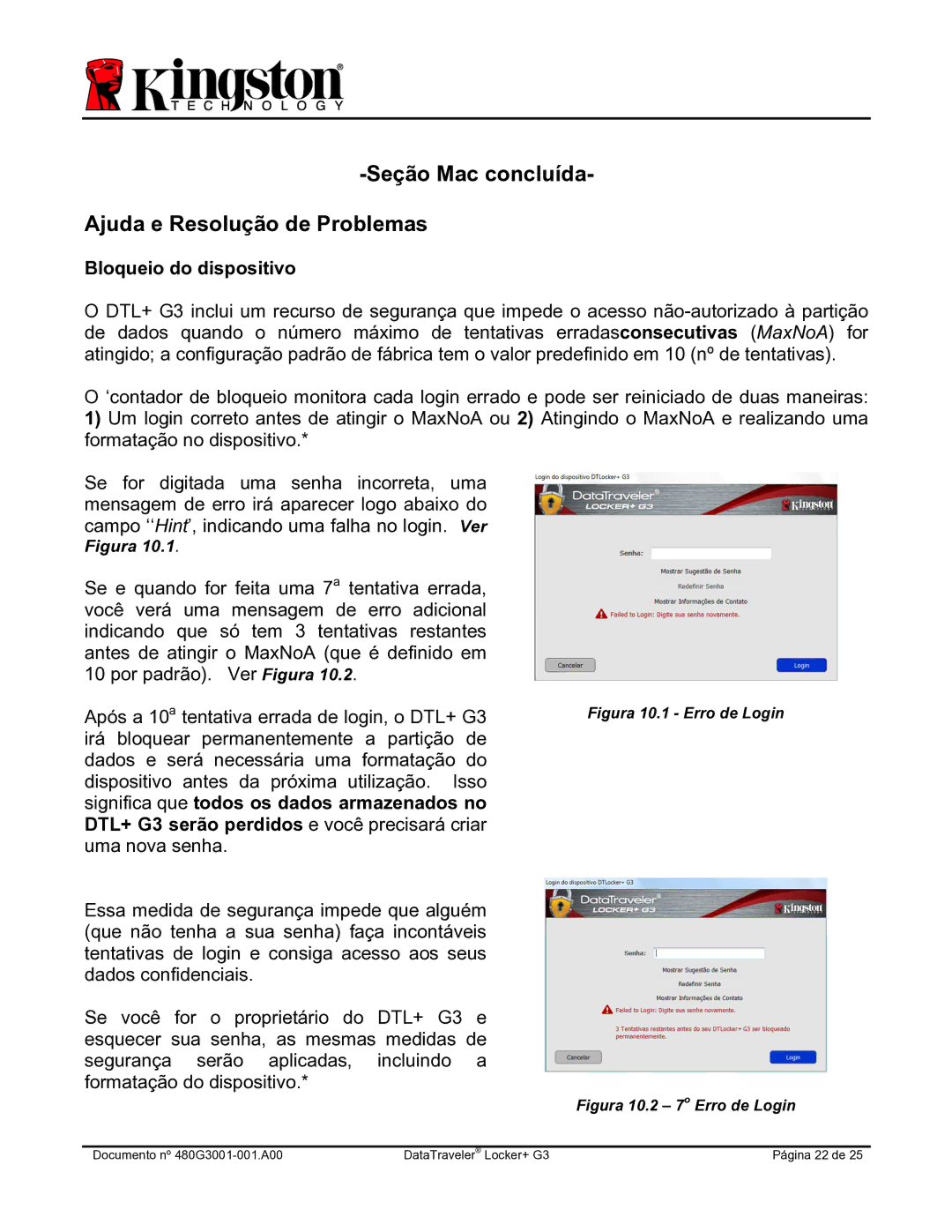 Kingston Technology DTLPG3 manual Seção Mac concluída Ajuda e Resolução de Problemas, Bloqueio do dispositivo 