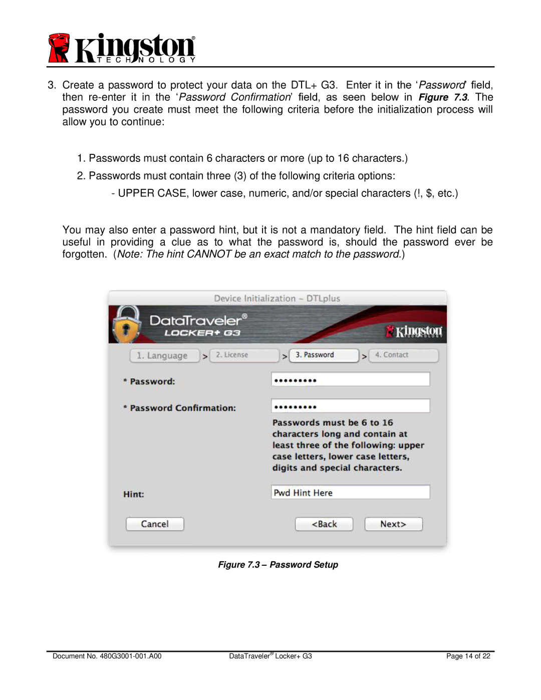 Kingston Technology DTLPG3 manual Password Setup 