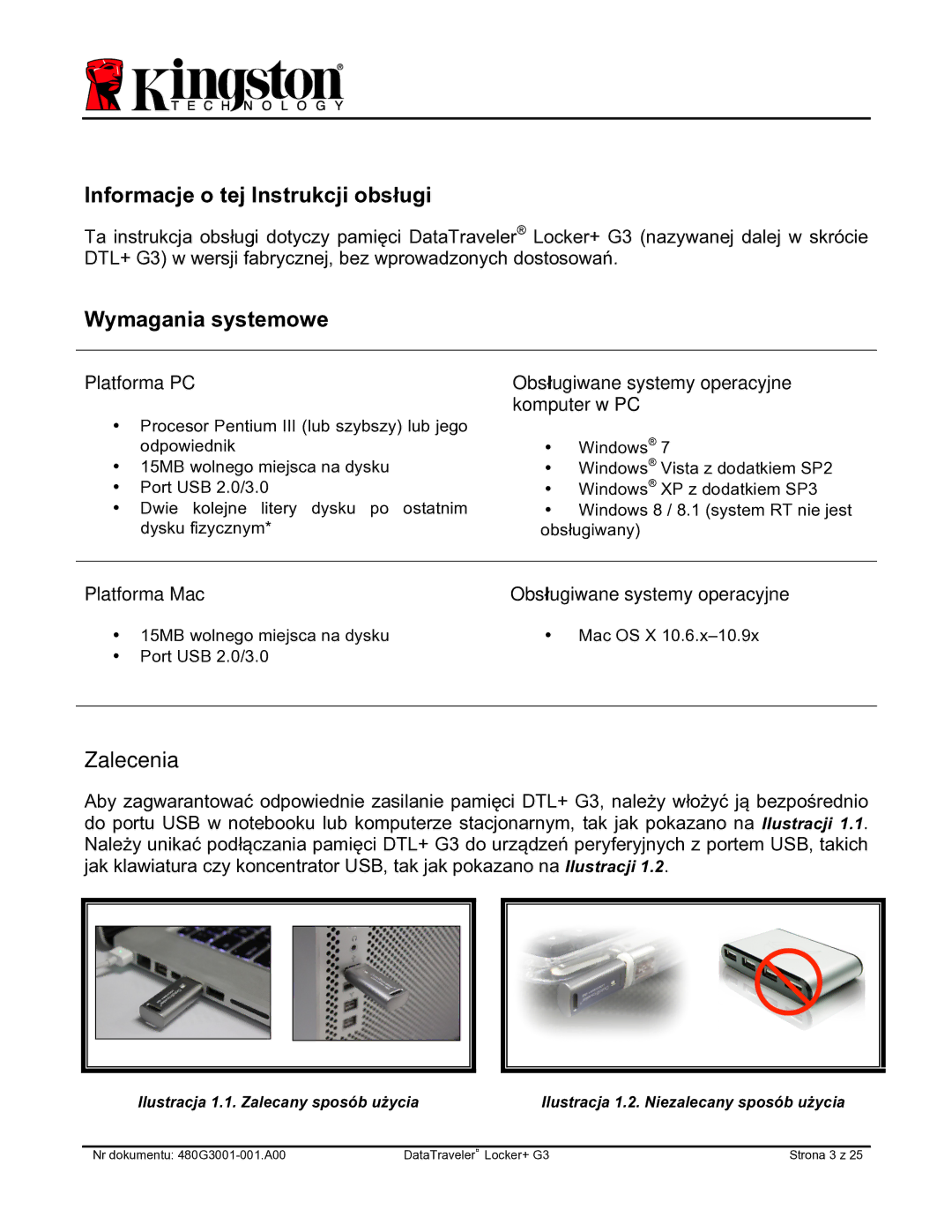 Kingston Technology DTLPG3 manual Informacje o tej Instrukcji obsługi, Wymagania systemowe, Zalecenia 