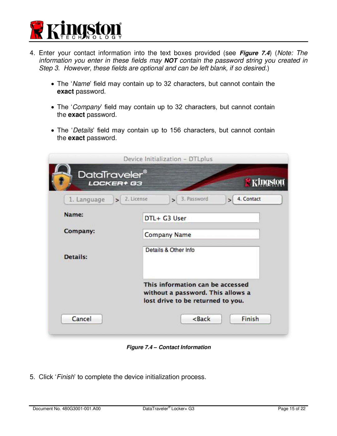 Kingston Technology DTLPG3 manual Click ‘Finish’ to complete the device initialization process 