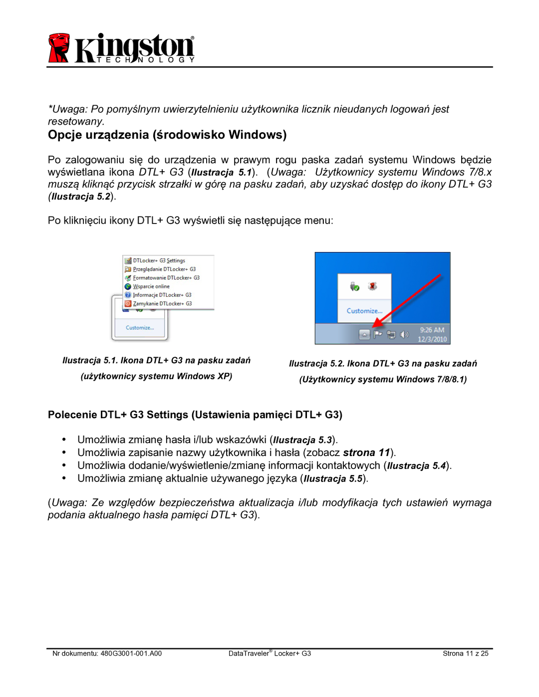 Kingston Technology DTLPG3 Opcje urządzenia środowisko Windows, Polecenie DTL+ G3 Settings Ustawienia pamięci DTL+ G3 