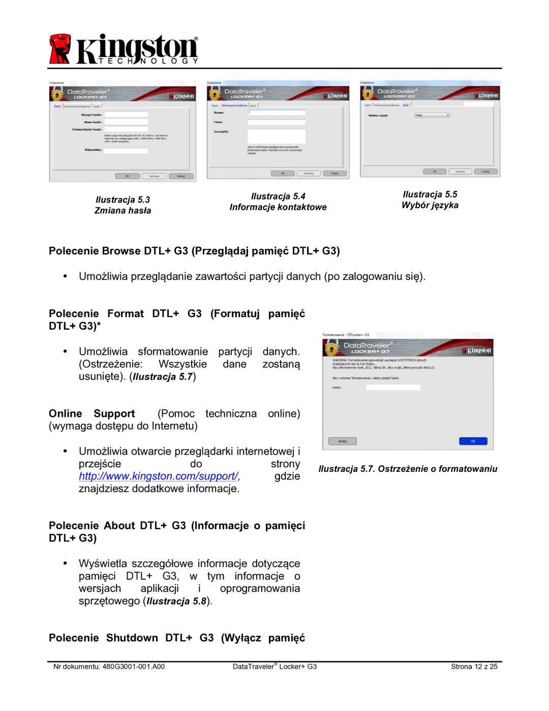 Kingston Technology DTLPG3 Polecenie Browse DTL+ G3 Przeglądaj pamięć DTL+ G3, Polecenie Format DTL+ G3 Formatuj pamięć 