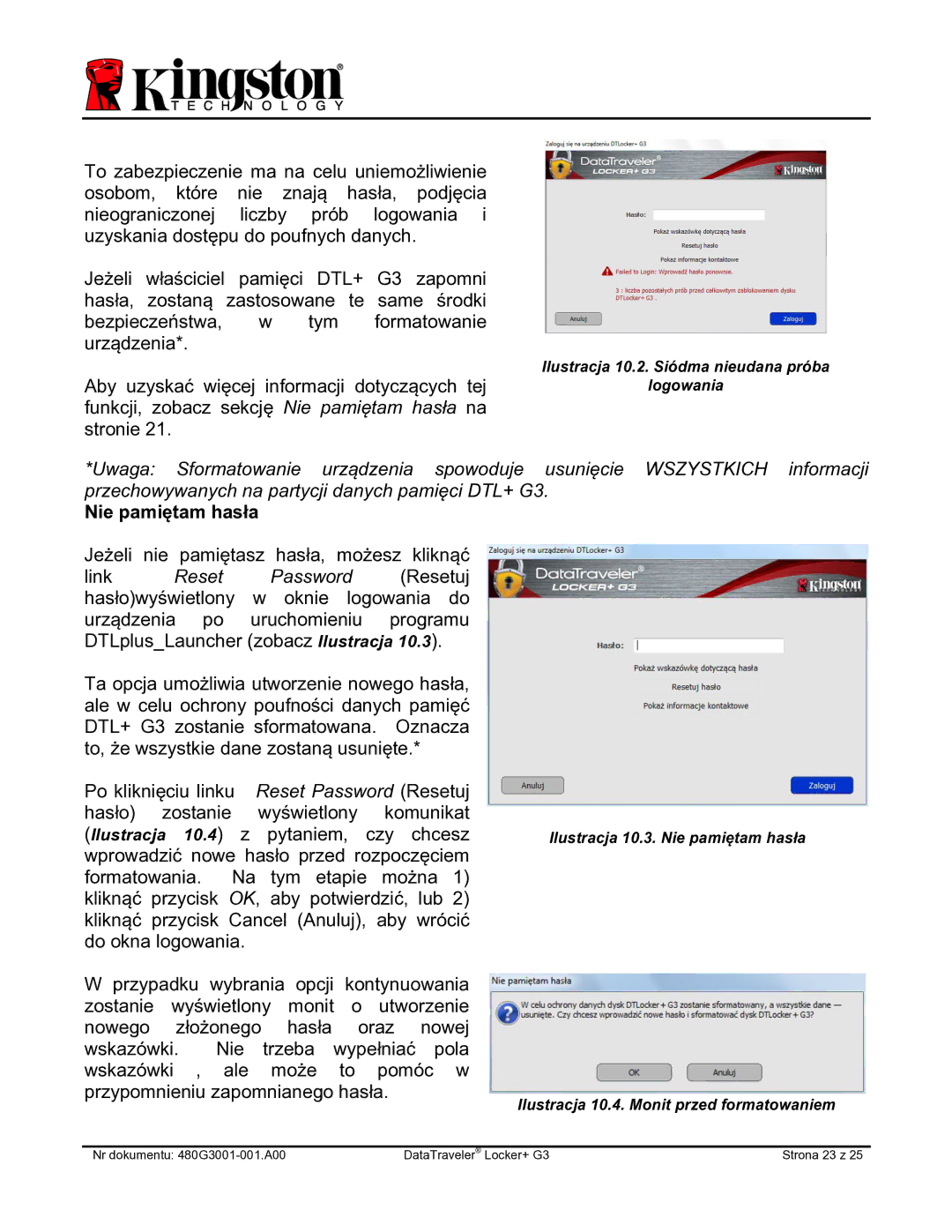 Kingston Technology DTLPG3 manual Nie pamiętam hasła 