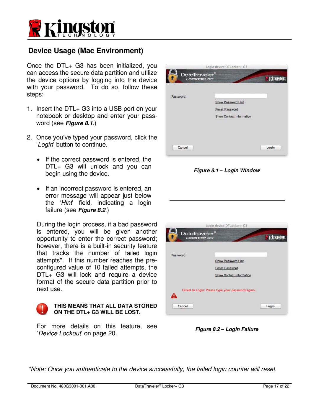 Kingston Technology DTLPG3 manual Device Usage Mac Environment, Login Window 