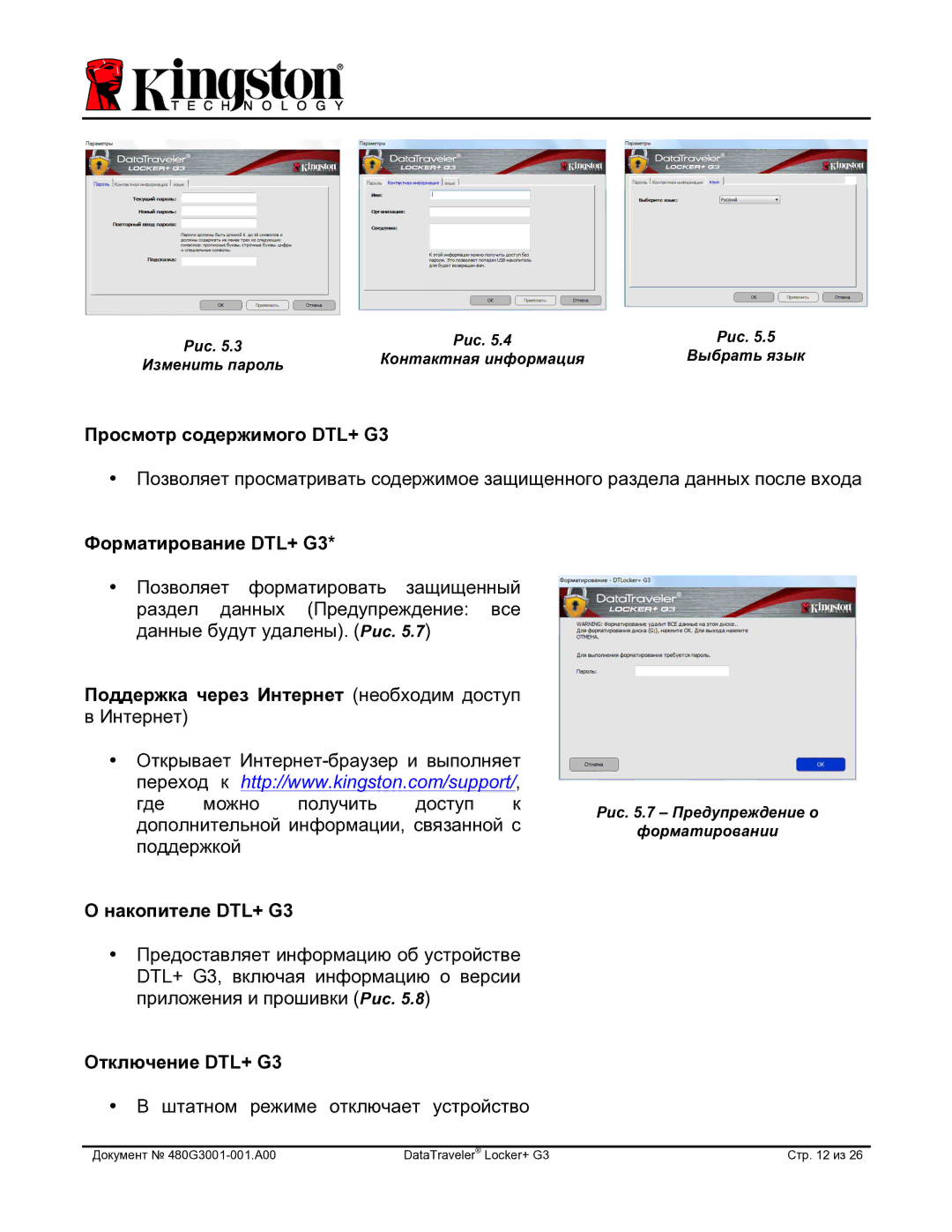 Kingston Technology DTLPG3 Просмотр содержимого DTL+ G3, Форматирование DTL+ G3, Поддержка через Интернет необходим доступ 