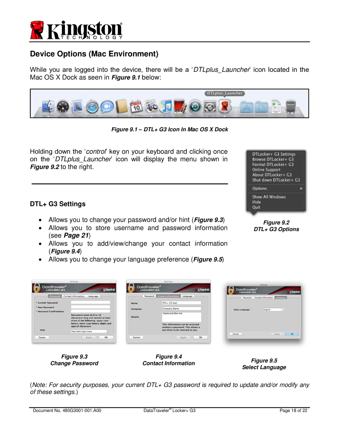 Kingston Technology DTLPG3 manual Device Options Mac Environment, ∙ Allows you to change your language preference Figure 