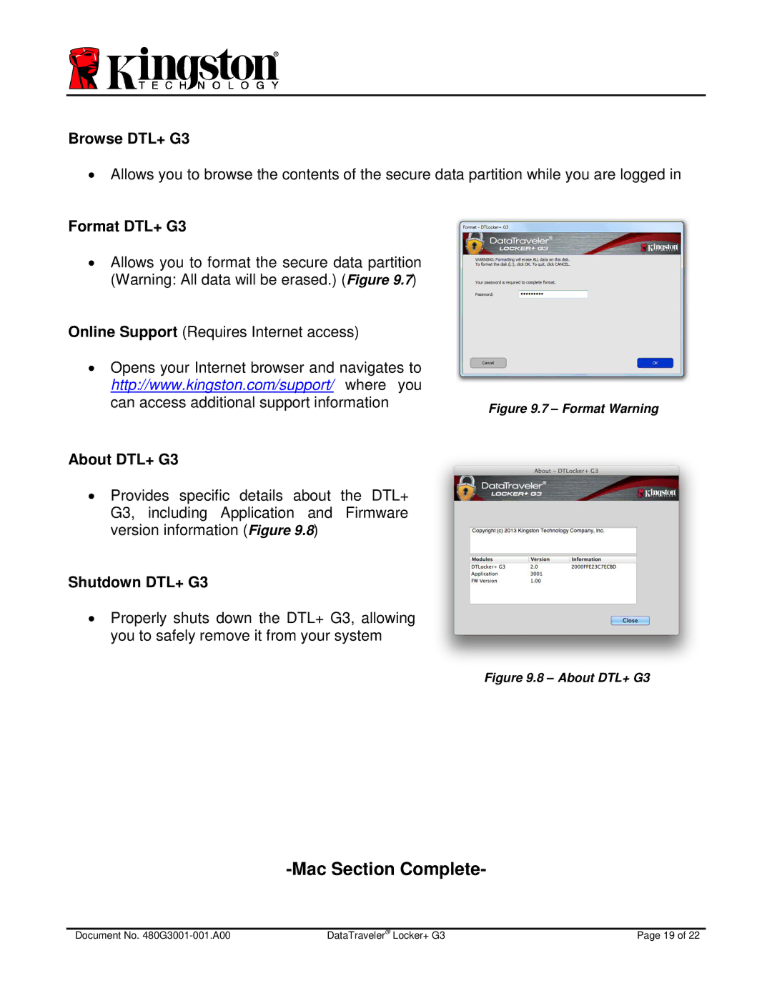 Kingston Technology DTLPG3 manual Mac Section Complete, Can access additional support information 