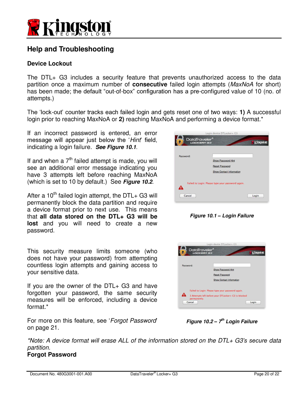 Kingston Technology DTLPG3 manual Help and Troubleshooting, Device Lockout, Forgot Password 