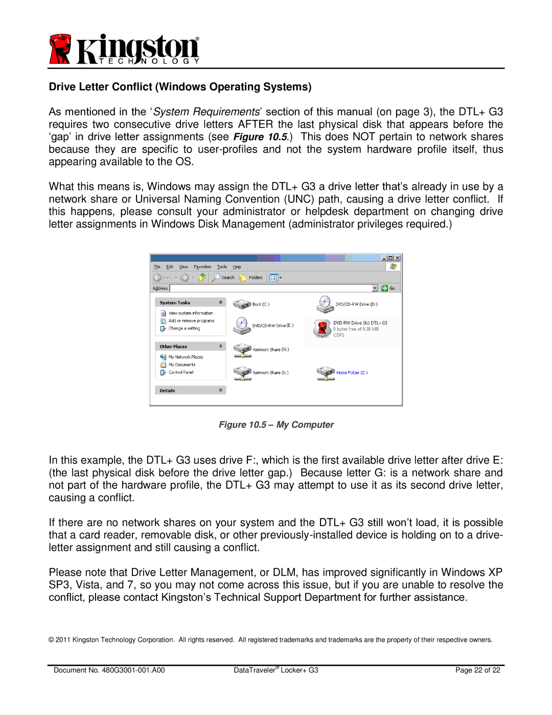 Kingston Technology DTLPG3 manual Drive Letter Conflict Windows Operating Systems, My Computer 