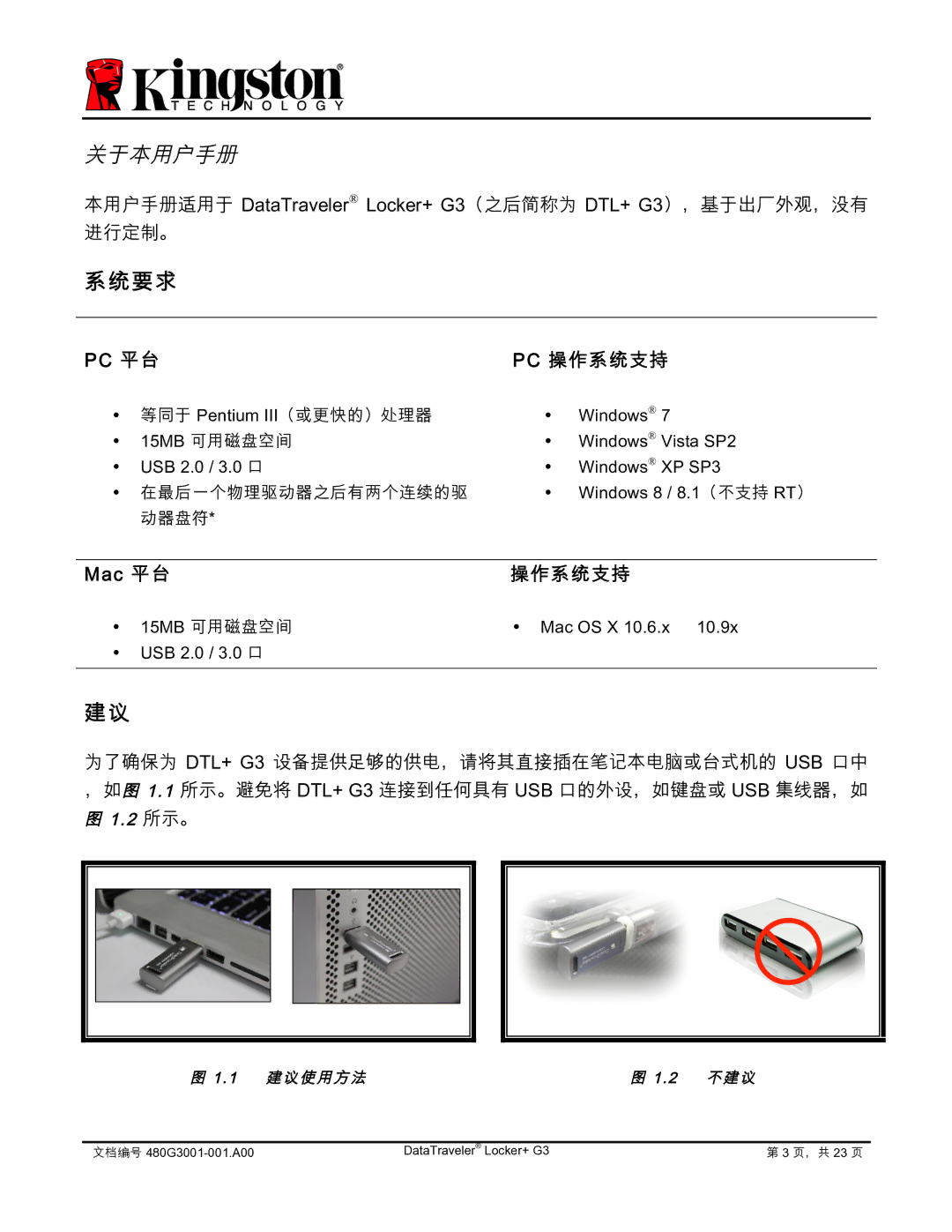 Kingston Technology DTLPG3 manual 系统要求, Pc 平台 