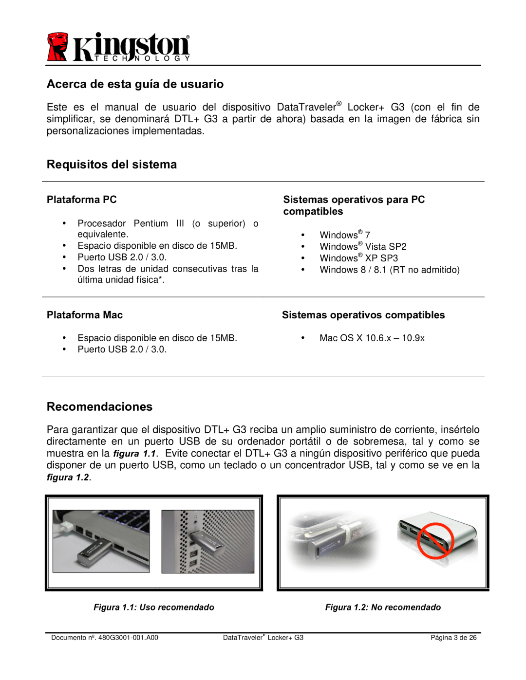 Kingston Technology DTLPG3 manual Acerca de esta guía de usuario, Requisitos del sistema, Recomendaciones 