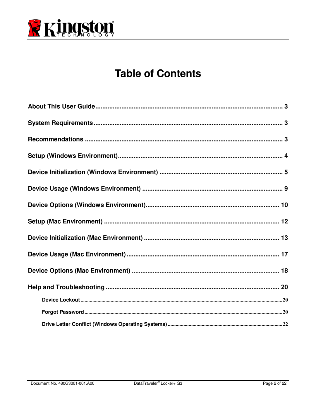 Kingston Technology DTLPG3 manual Table of Contents 