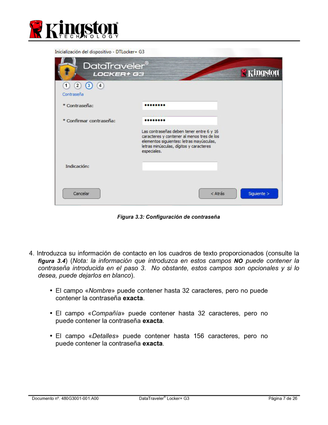 Kingston Technology DTLPG3 manual Figura 3.3 Configuración de contraseña 