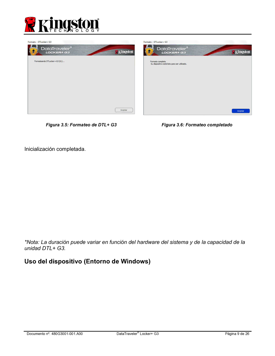 Kingston Technology DTLPG3 manual Uso del dispositivo Entorno de Windows, Figura 3.5 Formateo de DTL+ G3 