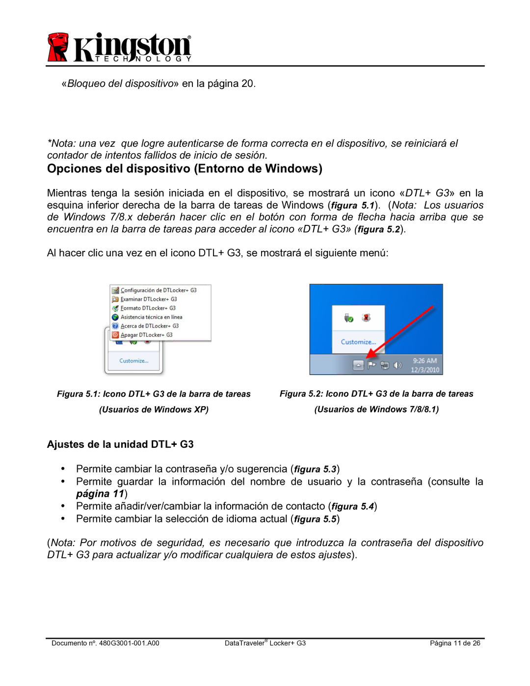 Kingston Technology DTLPG3 manual Opciones del dispositivo Entorno de Windows, Ajustes de la unidad DTL+ G3 