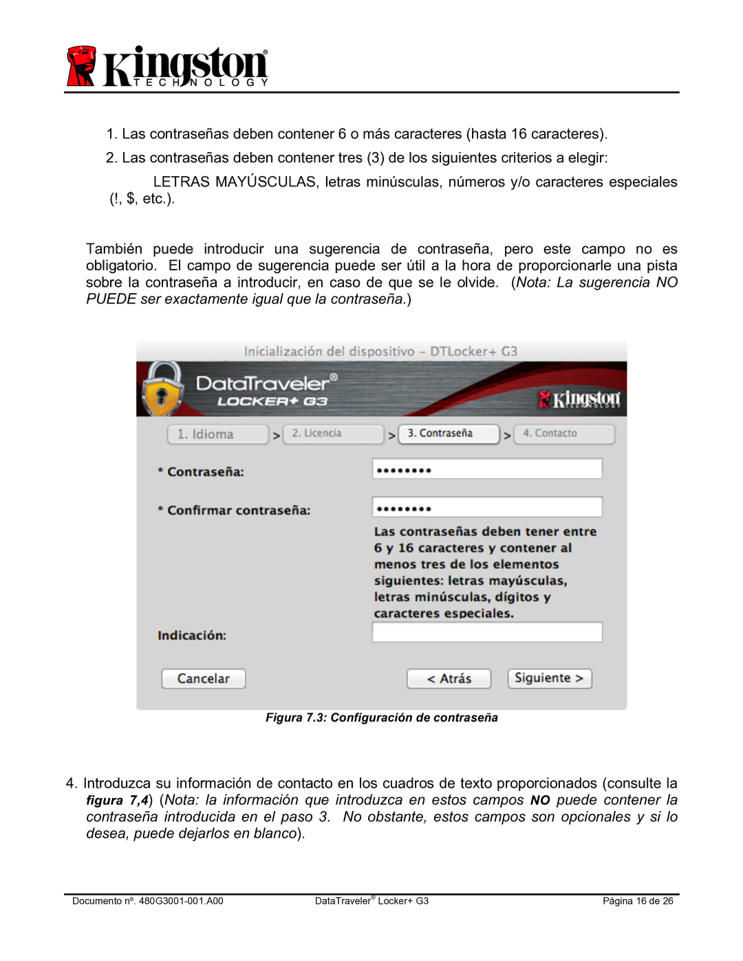 Kingston Technology DTLPG3 manual Figura 7.3 Configuración de contraseña 