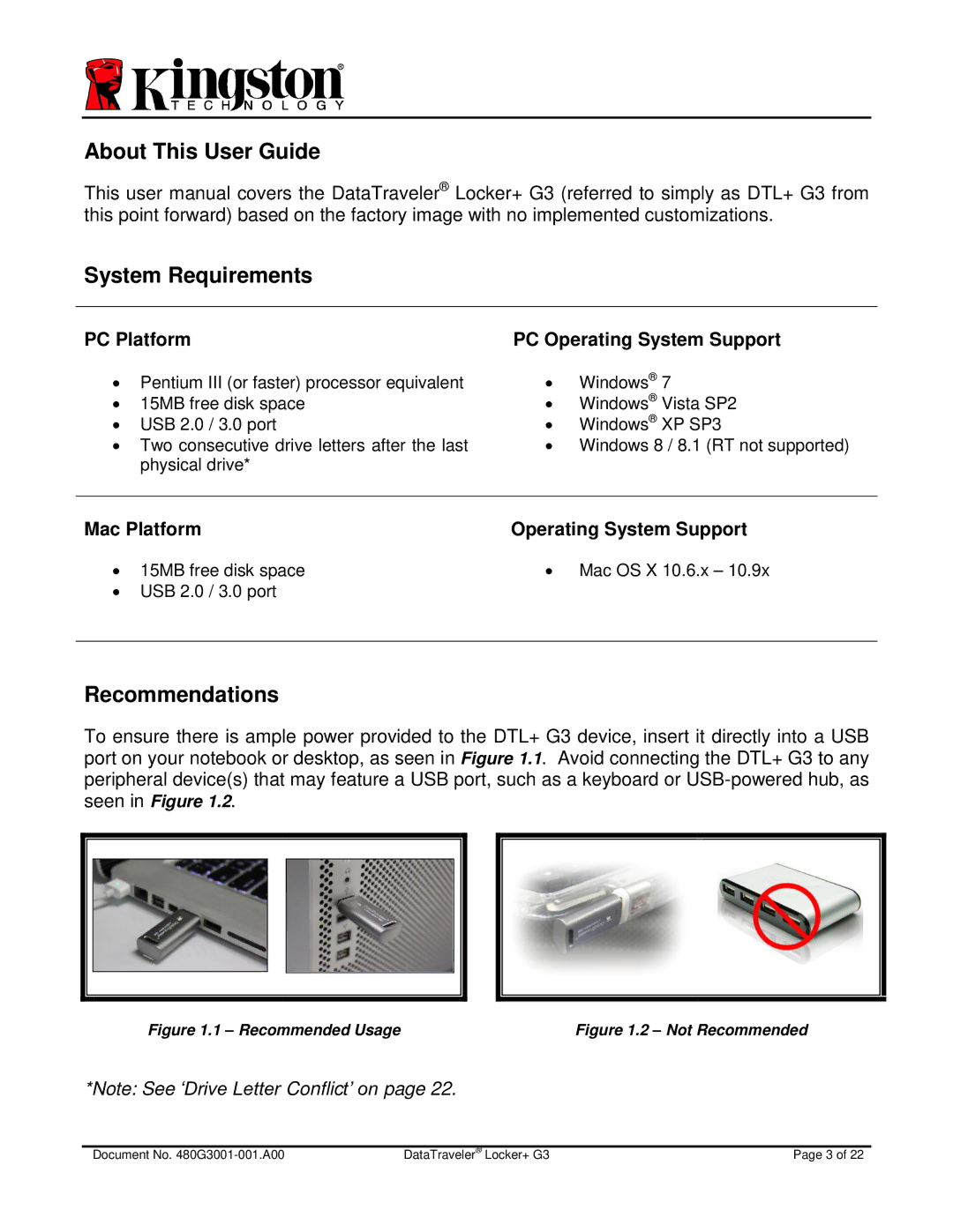 Kingston Technology DTLPG3 manual About This User Guide System Requirements, Recommendations 