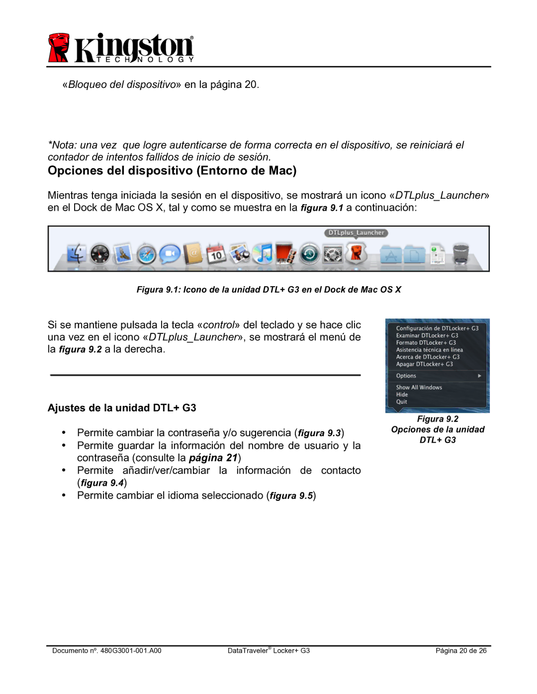 Kingston Technology DTLPG3 manual Opciones del dispositivo Entorno de Mac, Permite cambiar el idioma seleccionado figura 