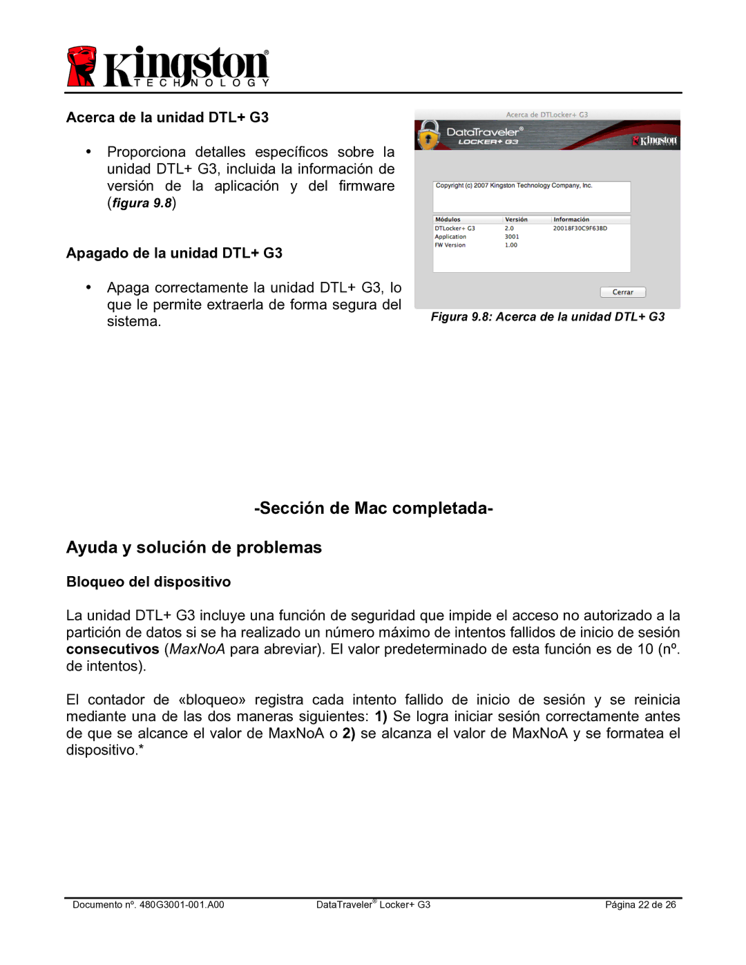 Kingston Technology DTLPG3 manual Sección de Mac completada Ayuda y solución de problemas, Bloqueo del dispositivo 