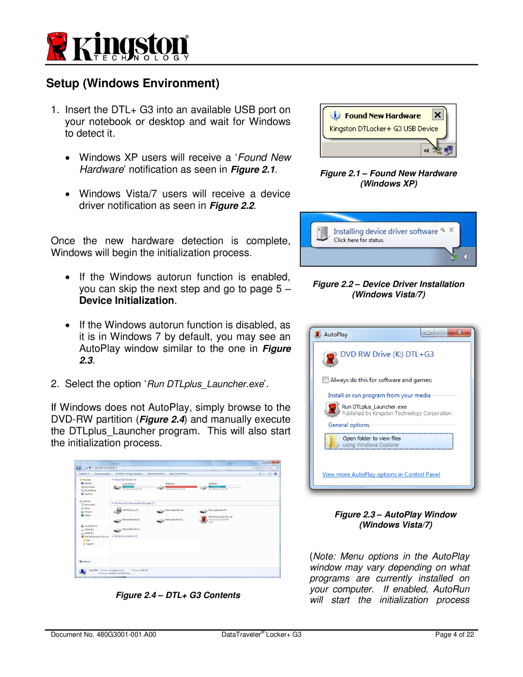 Kingston Technology DTLPG3 manual Setup Windows Environment, Found New Hardware Windows XP 