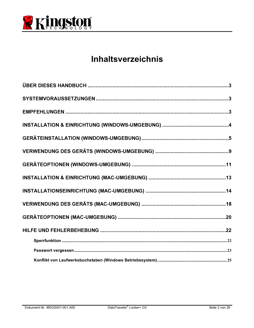 Kingston Technology DTLPG3 manual Inhaltsverzeichnis 