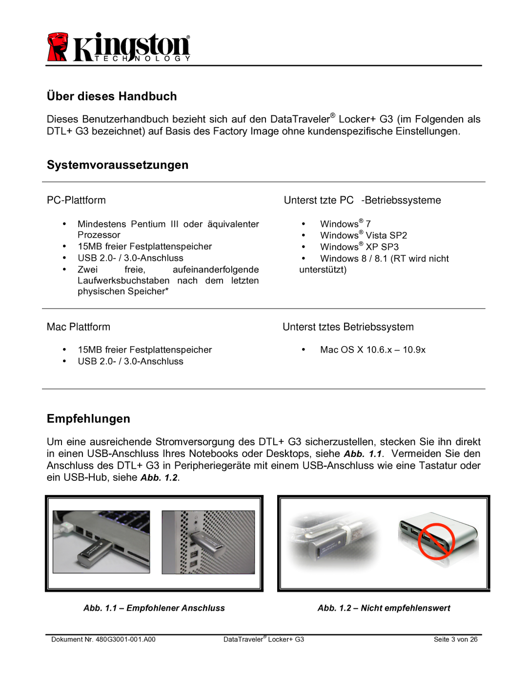 Kingston Technology DTLPG3 manual Über dieses Handbuch, Systemvoraussetzungen, Empfehlungen 