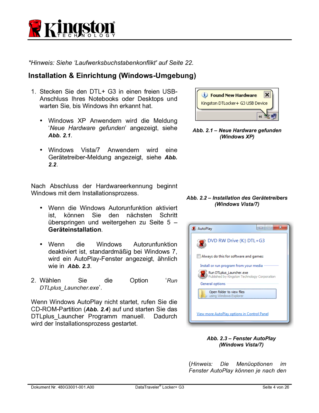 Kingston Technology DTLPG3 manual Installation & Einrichtung Windows-Umgebung 