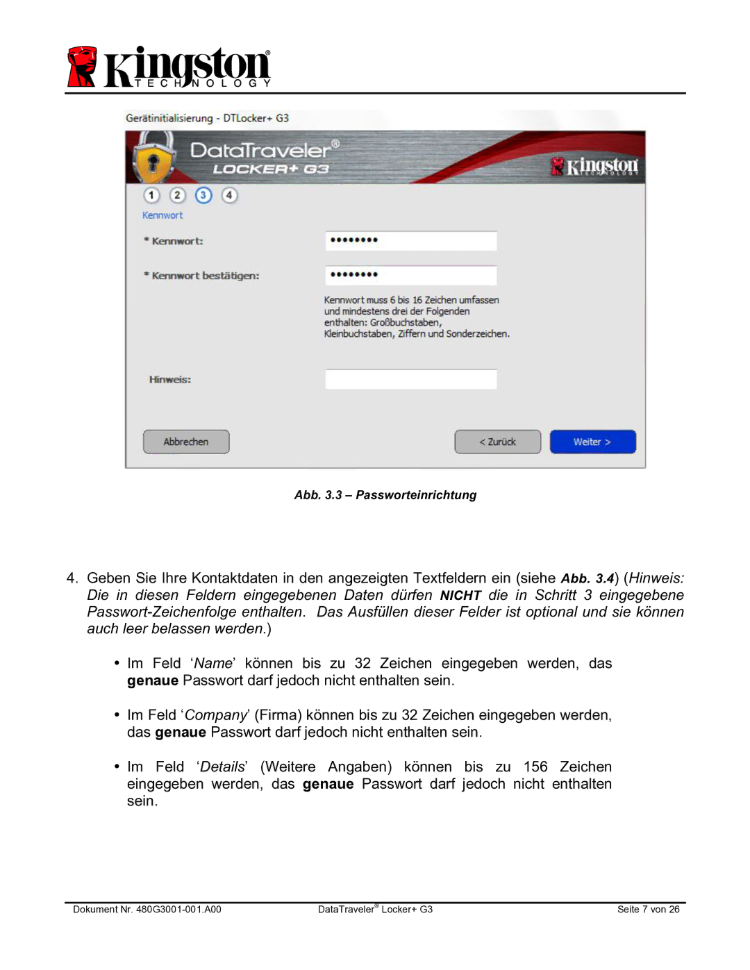 Kingston Technology DTLPG3 manual Abb .3 Passworteinrichtung 