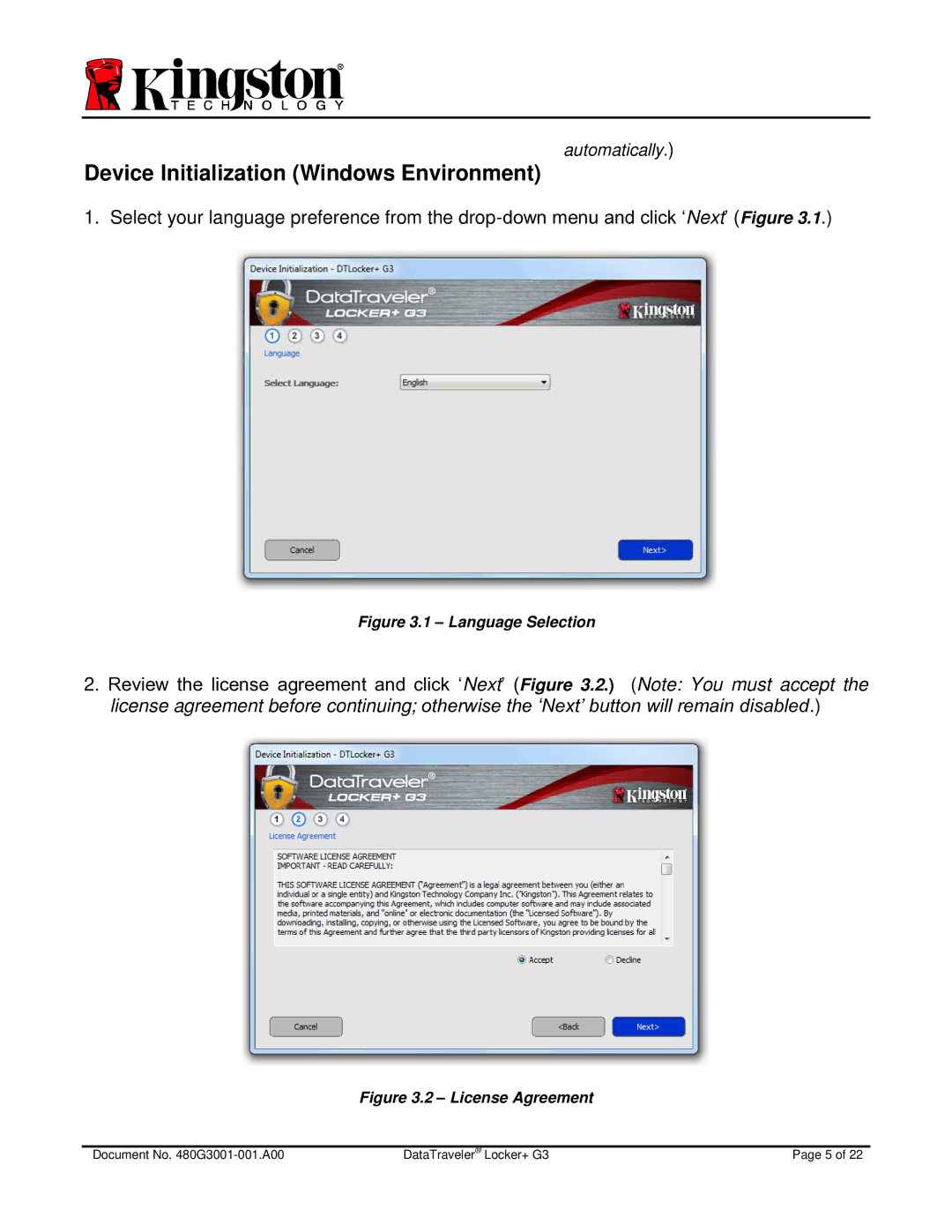 Kingston Technology DTLPG3 manual Device Initialization Windows Environment, Language Selection 