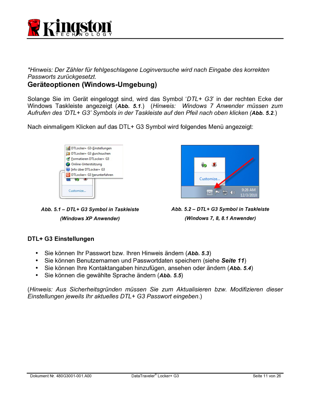 Kingston Technology DTLPG3 manual Geräteoptionen Windows-Umgebung, DTL+ G3 Einstellungen 