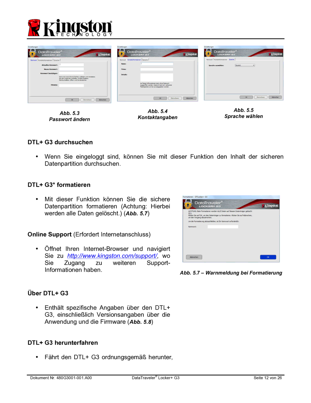 Kingston Technology DTLPG3 manual DTL+ G3 durchsuchen, DTL+ G3* formatieren, Über DTL+ G3, DTL+ G3 herunterfahren 