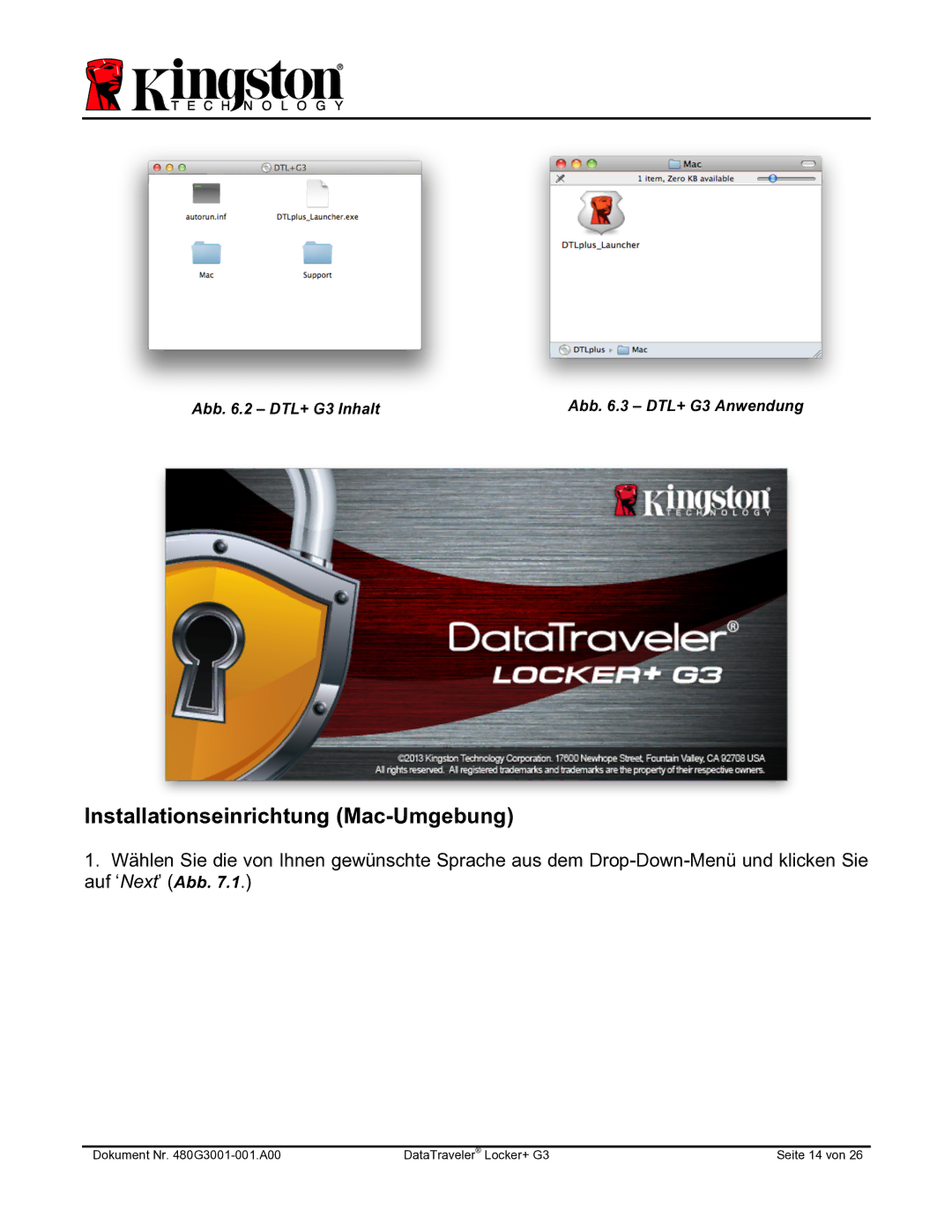 Kingston Technology DTLPG3 manual Installationseinrichtung Mac-Umgebung 