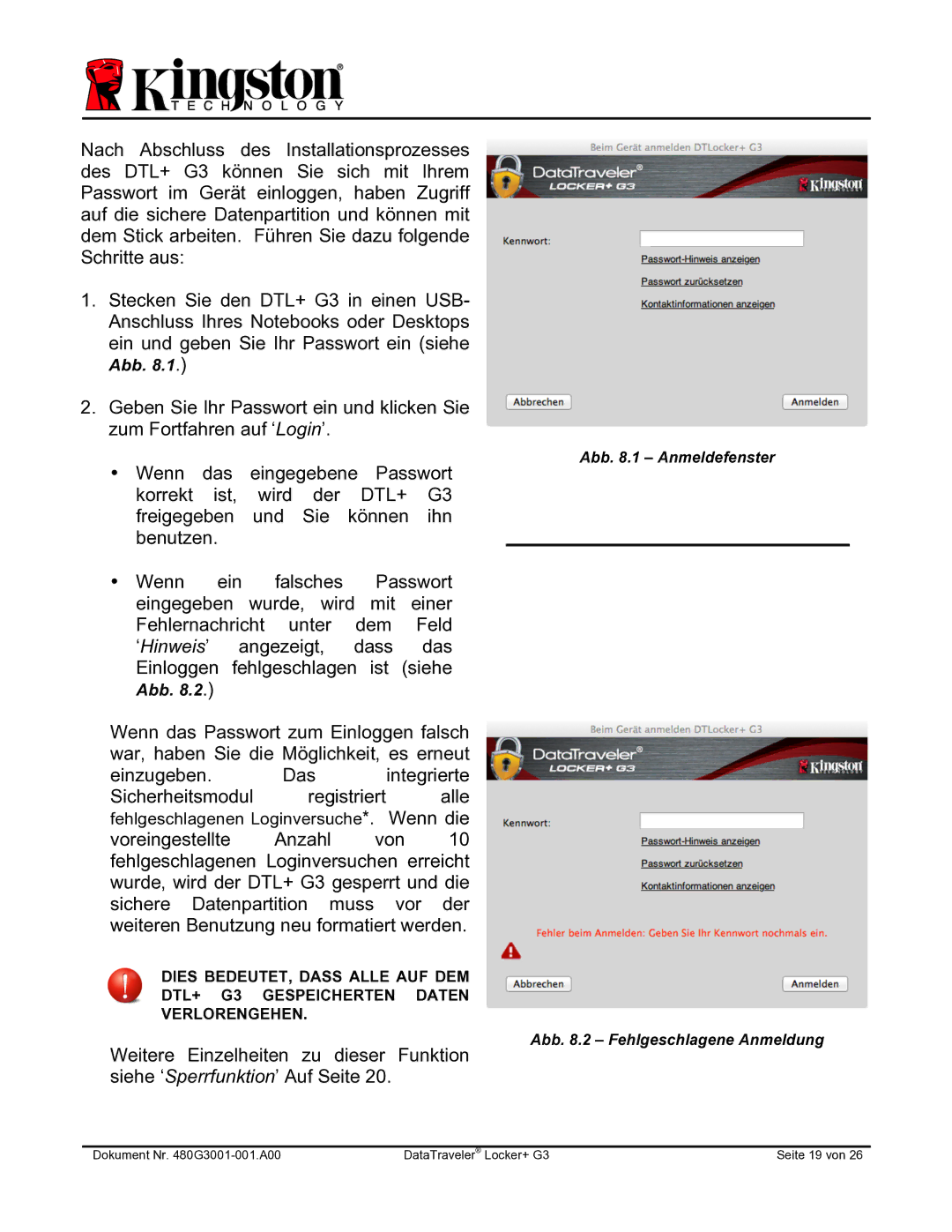 Kingston Technology DTLPG3 manual Abb .1 Anmeldefenster 