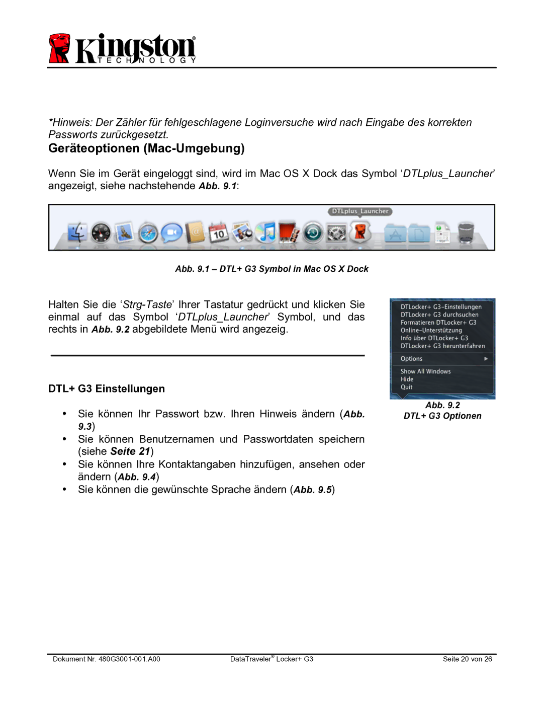 Kingston Technology DTLPG3 manual Geräteoptionen Mac-Umgebung, DTL+ G3 Einstellungen 