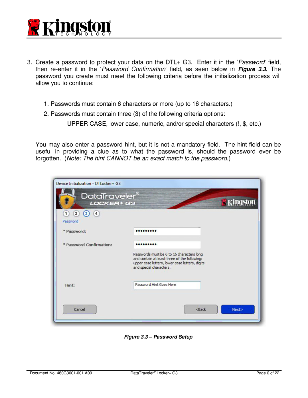 Kingston Technology DTLPG3 manual Password Setup 