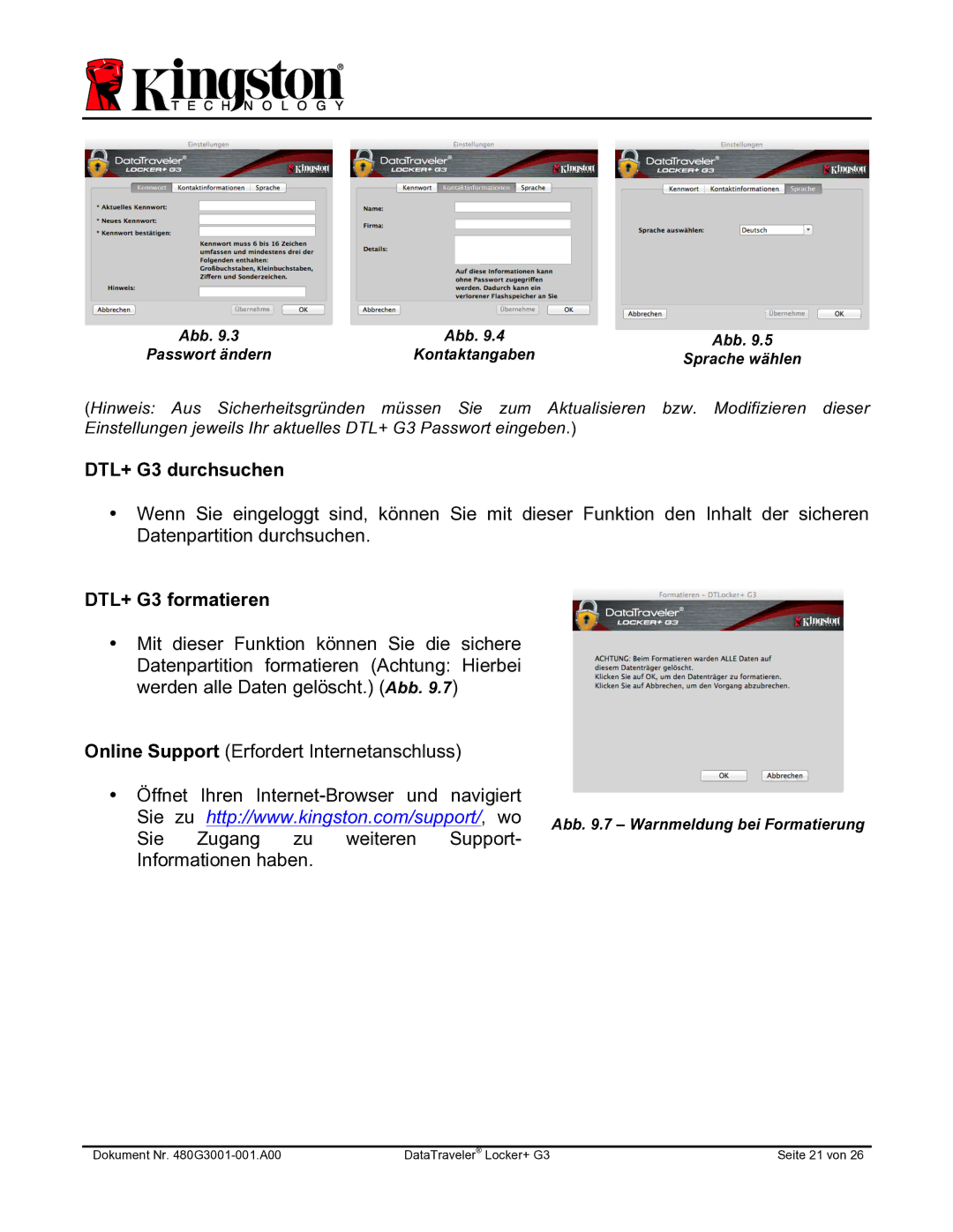 Kingston Technology DTLPG3 manual DTL+ G3 durchsuchen, DTL+ G3 formatieren 