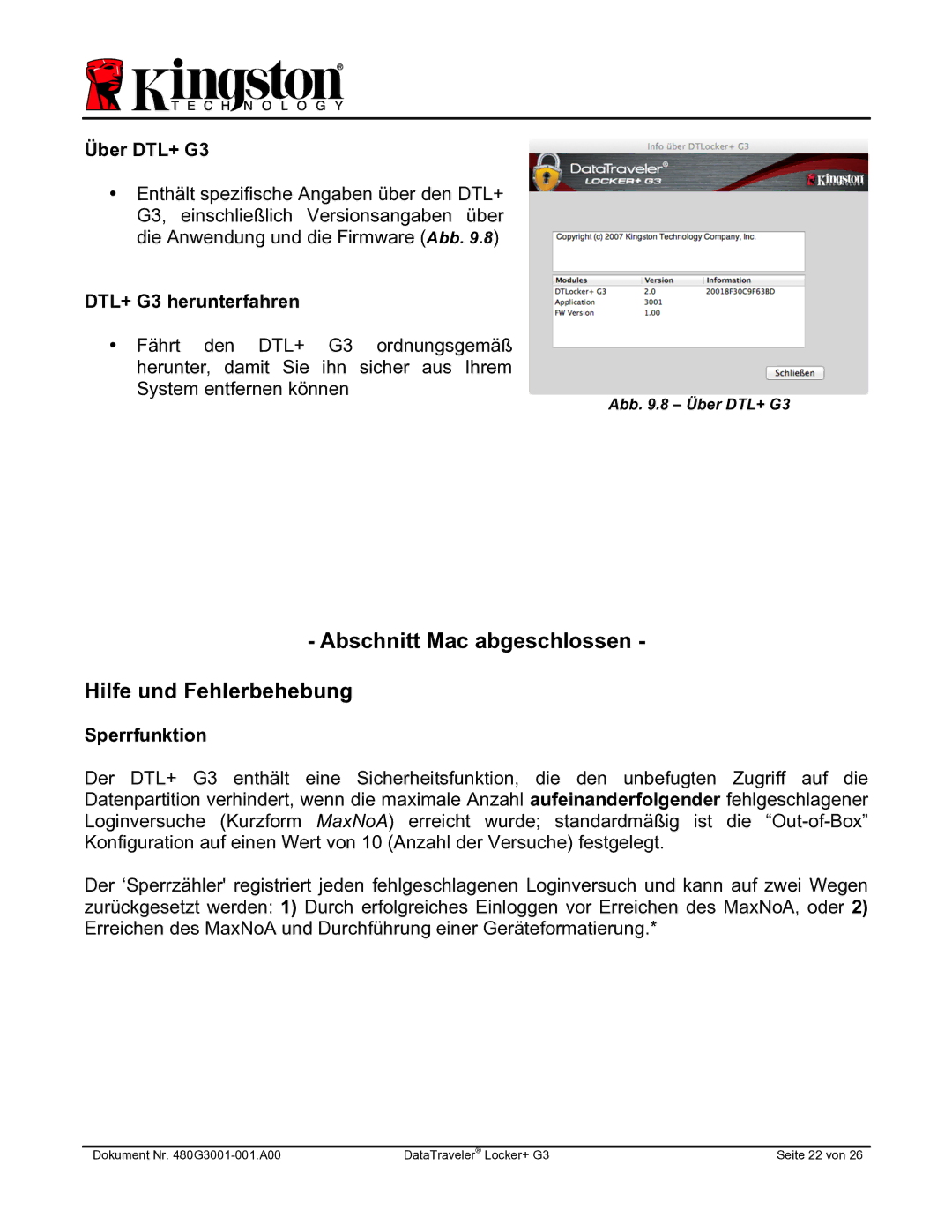 Kingston Technology DTLPG3 manual Abschnitt Mac abgeschlossen Hilfe und Fehlerbehebung, Sperrfunktion 