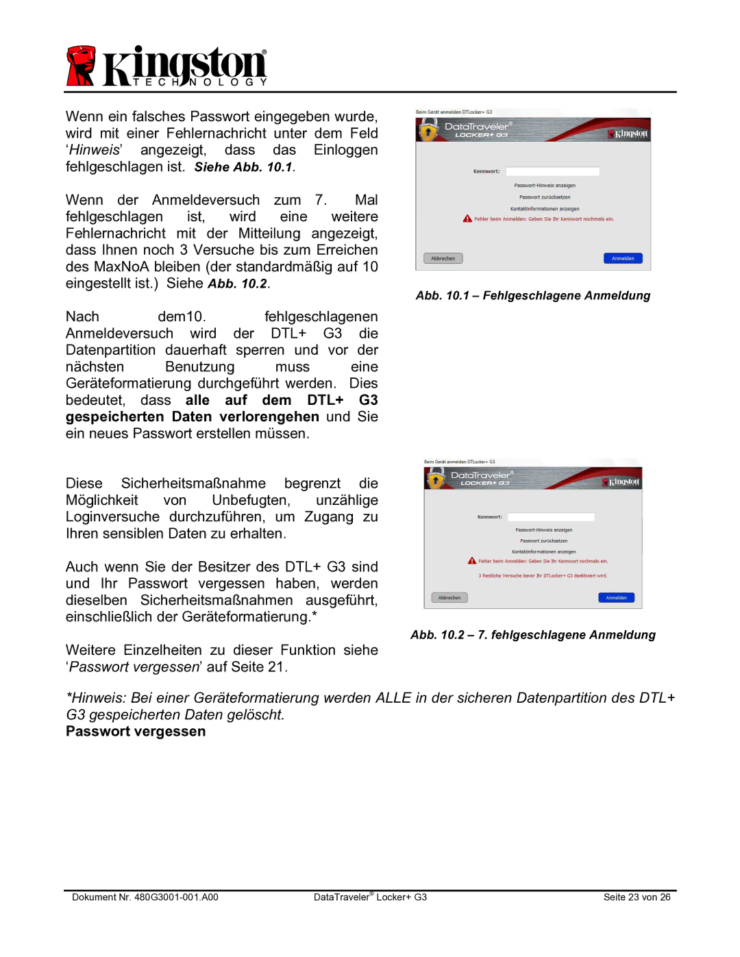 Kingston Technology DTLPG3 manual Passwort vergessen 