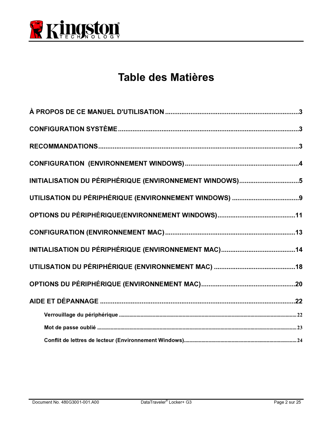 Kingston Technology DTLPG3 manual Table des Matières 