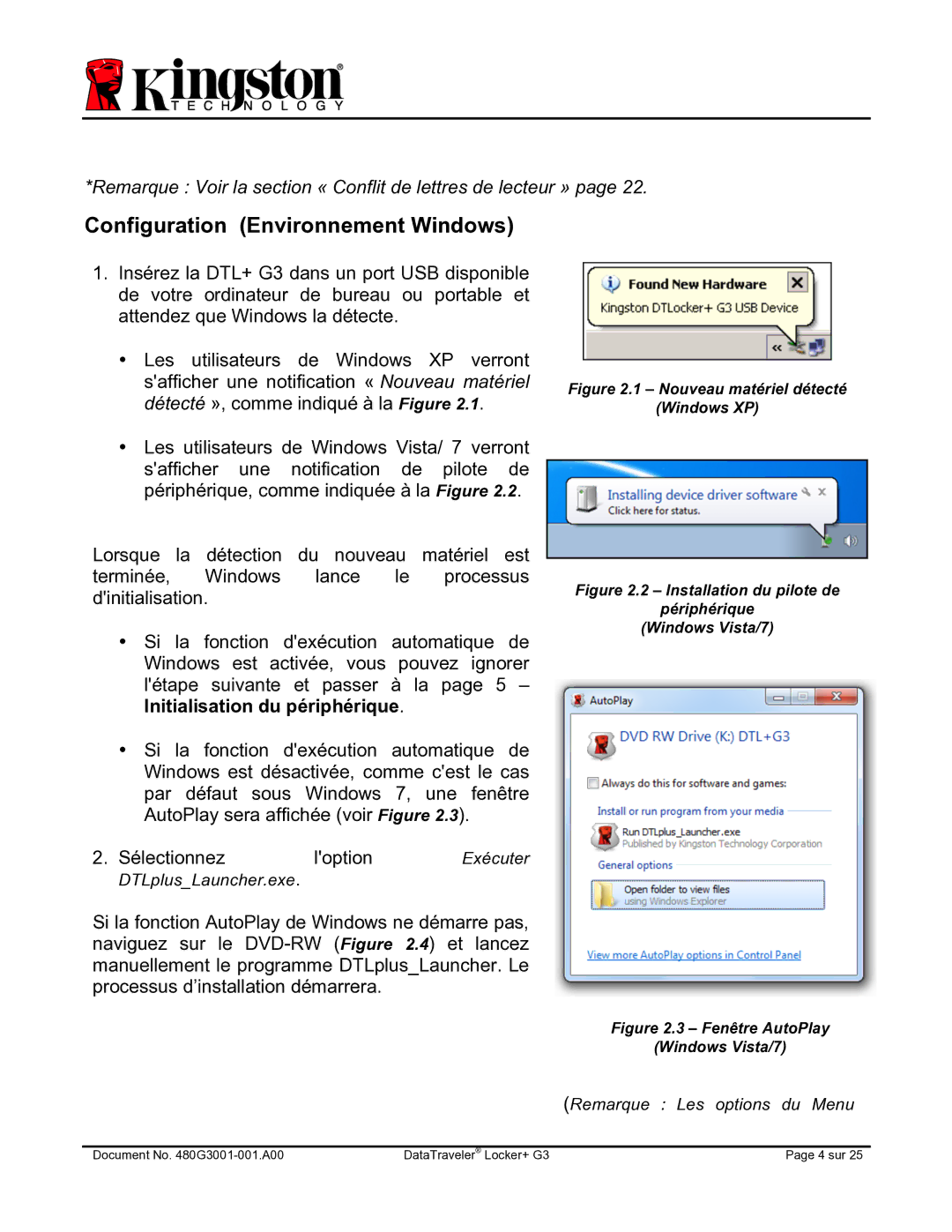 Kingston Technology DTLPG3 manual Configuration Environnement Windows, Nouveau matériel détecté Windows XP 