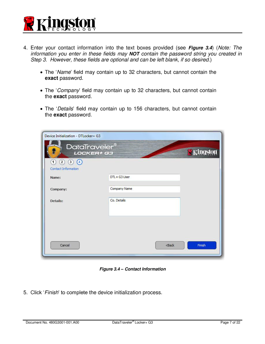 Kingston Technology DTLPG3 manual Click ‘Finish’ to complete the device initialization process 