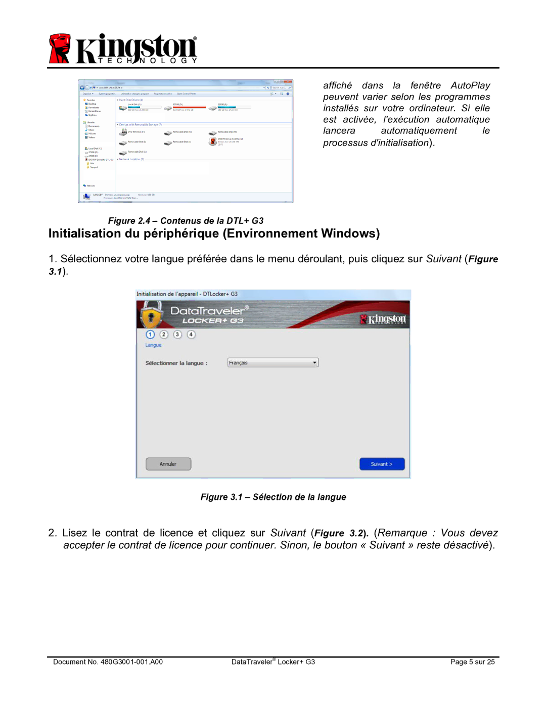 Kingston Technology DTLPG3 manual Initialisation du périphérique Environnement Windows, Contenus de la DTL+ G3 